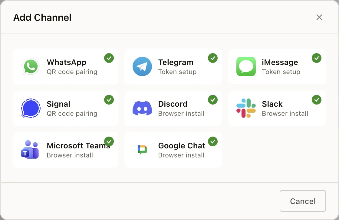 Add Channel dialog showing the available messaging channels