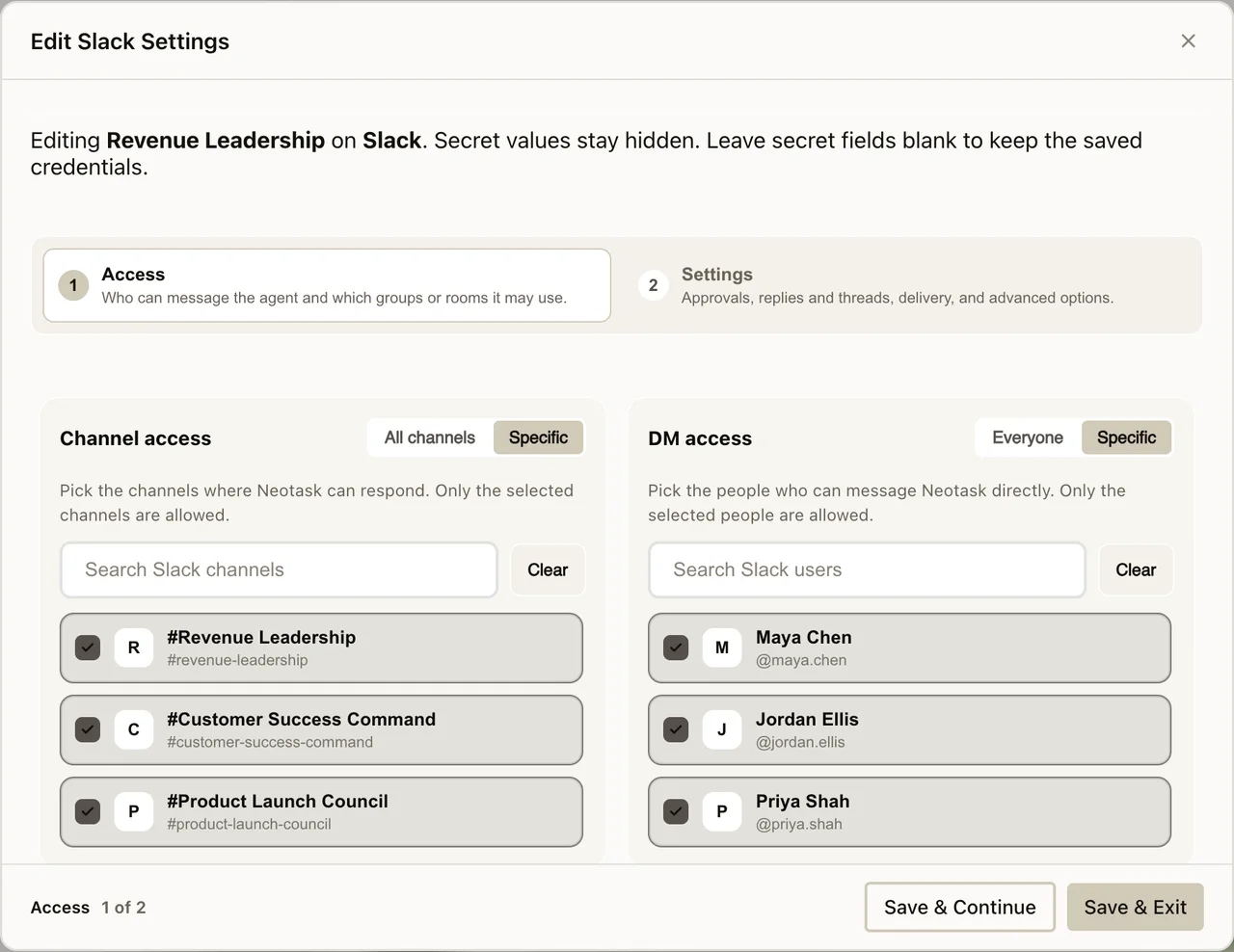 Slack access and approval settings