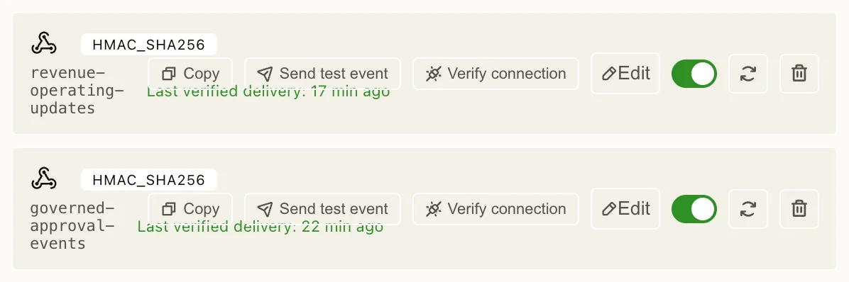 Webhook subscriptions with copy, test, verify, edit, and enable controls