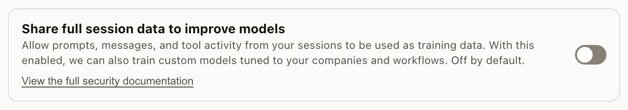 Session data sharing control, off by default