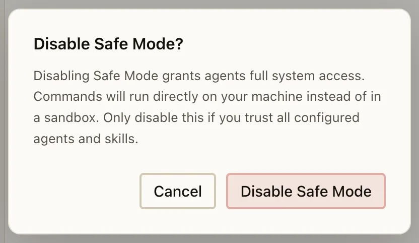 Safe Mode confirmation explaining the effect of disabling protection