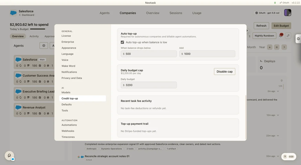 Auto top-up, daily budget, and task-fee history in Credit top-up settings