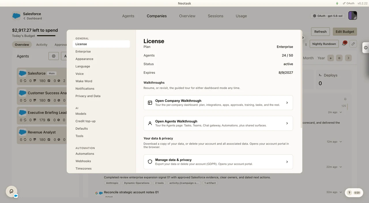 License settings with plan, agent count, status, and expiration date