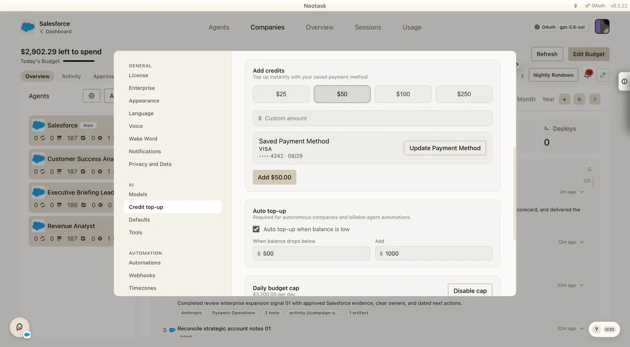 Saved payment method and Add credits controls