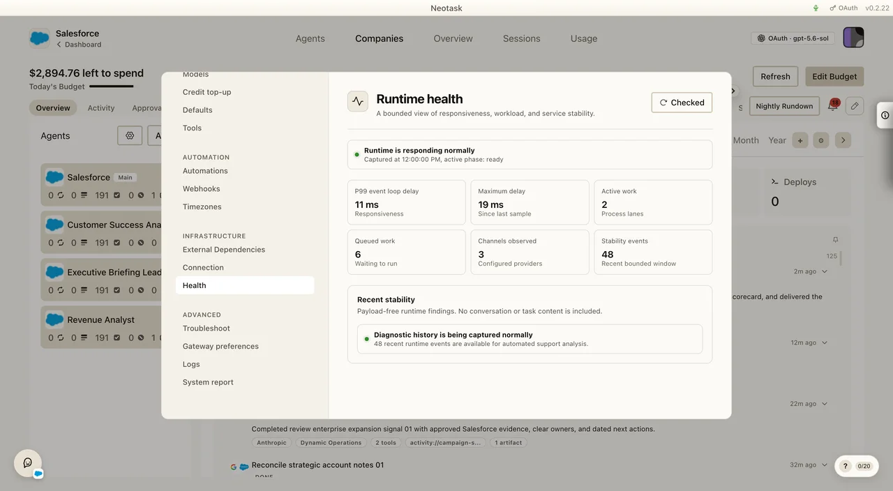 Runtime Health with responsiveness, workload, channels, and stability checks
