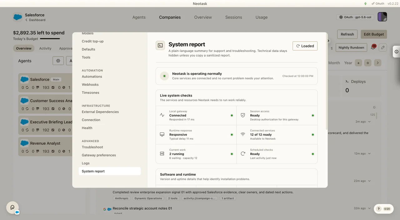 System report with live Gateway and service checks