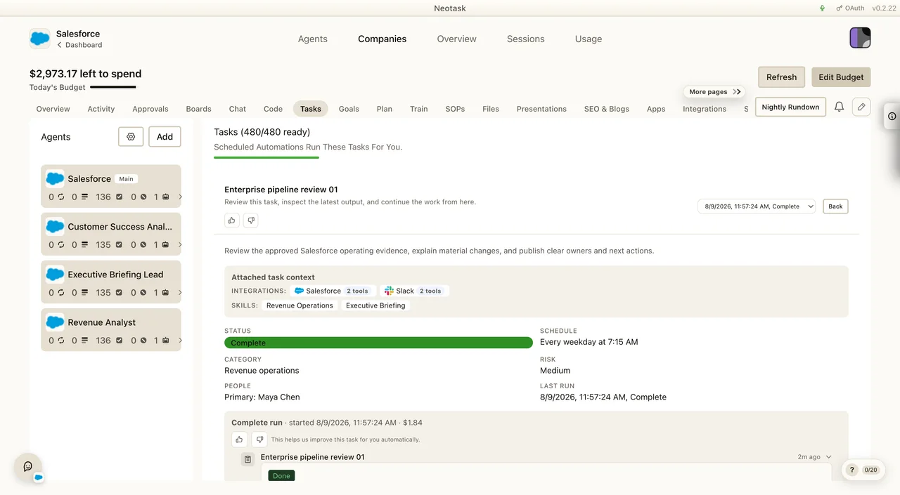 Opened company task showing its integrations, skills, schedule, status, and completed run