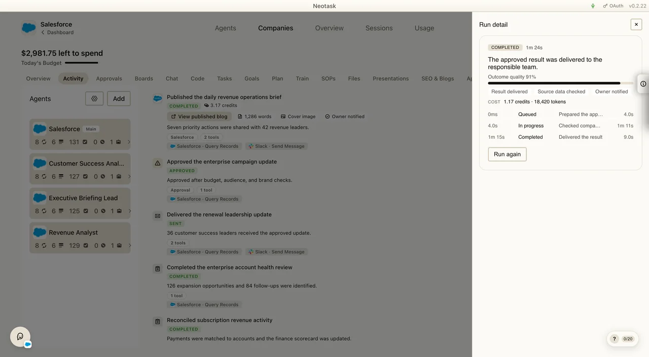 Completed company run with delivery status, source checks, owner notification, cost, and timing
