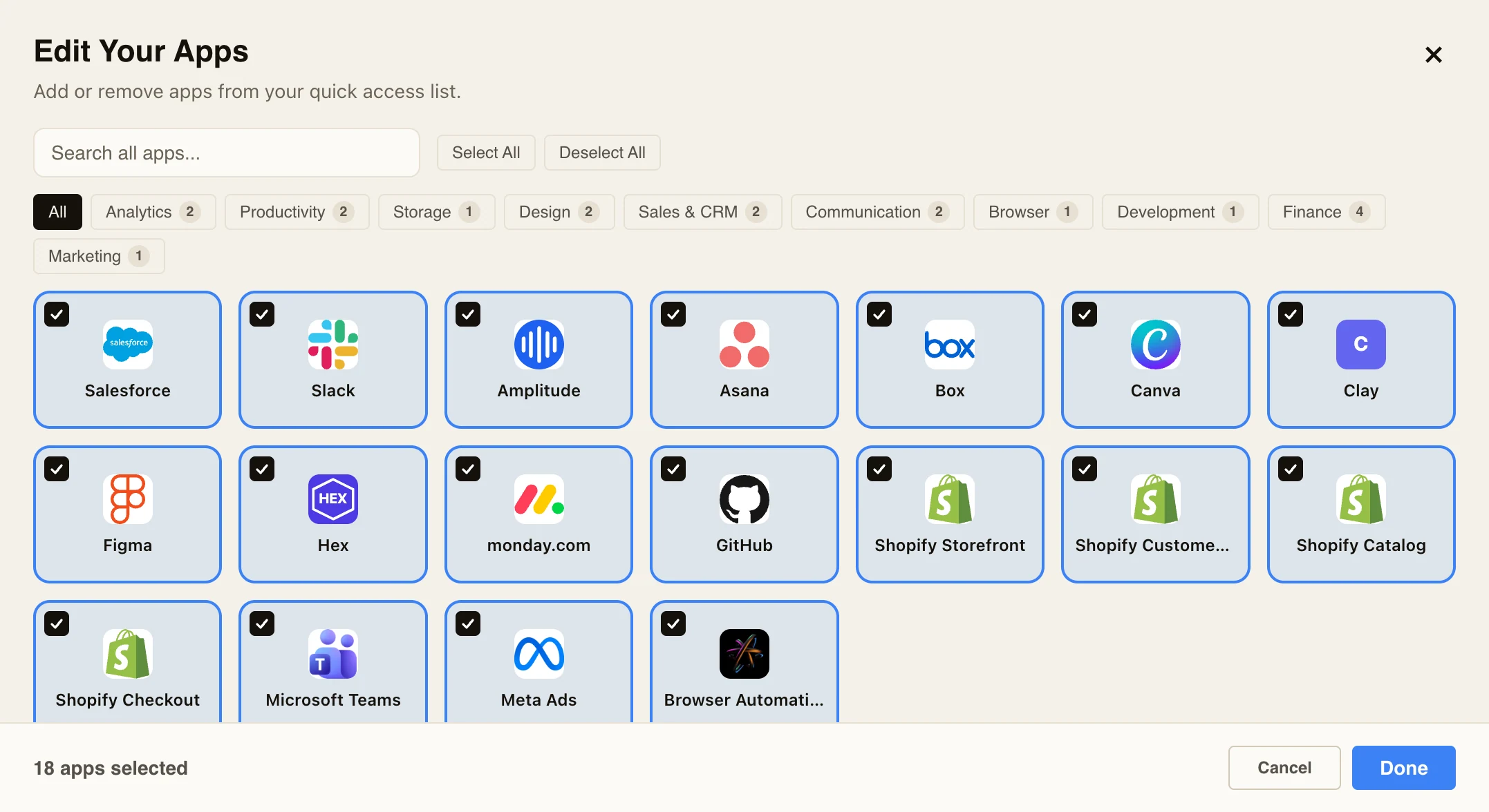 Searchable connected app picker
