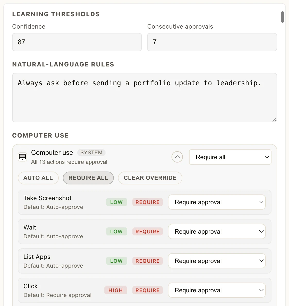 Approval thresholds and governed rules