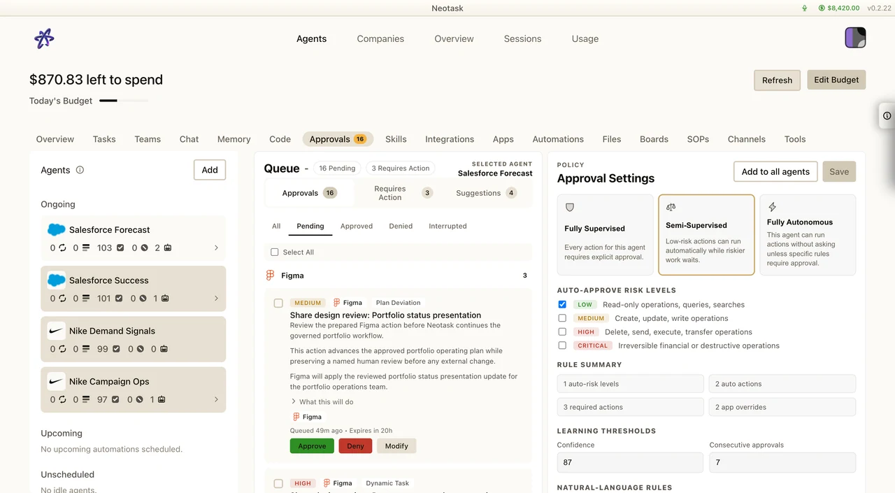 Approval queue with pending agent actions
