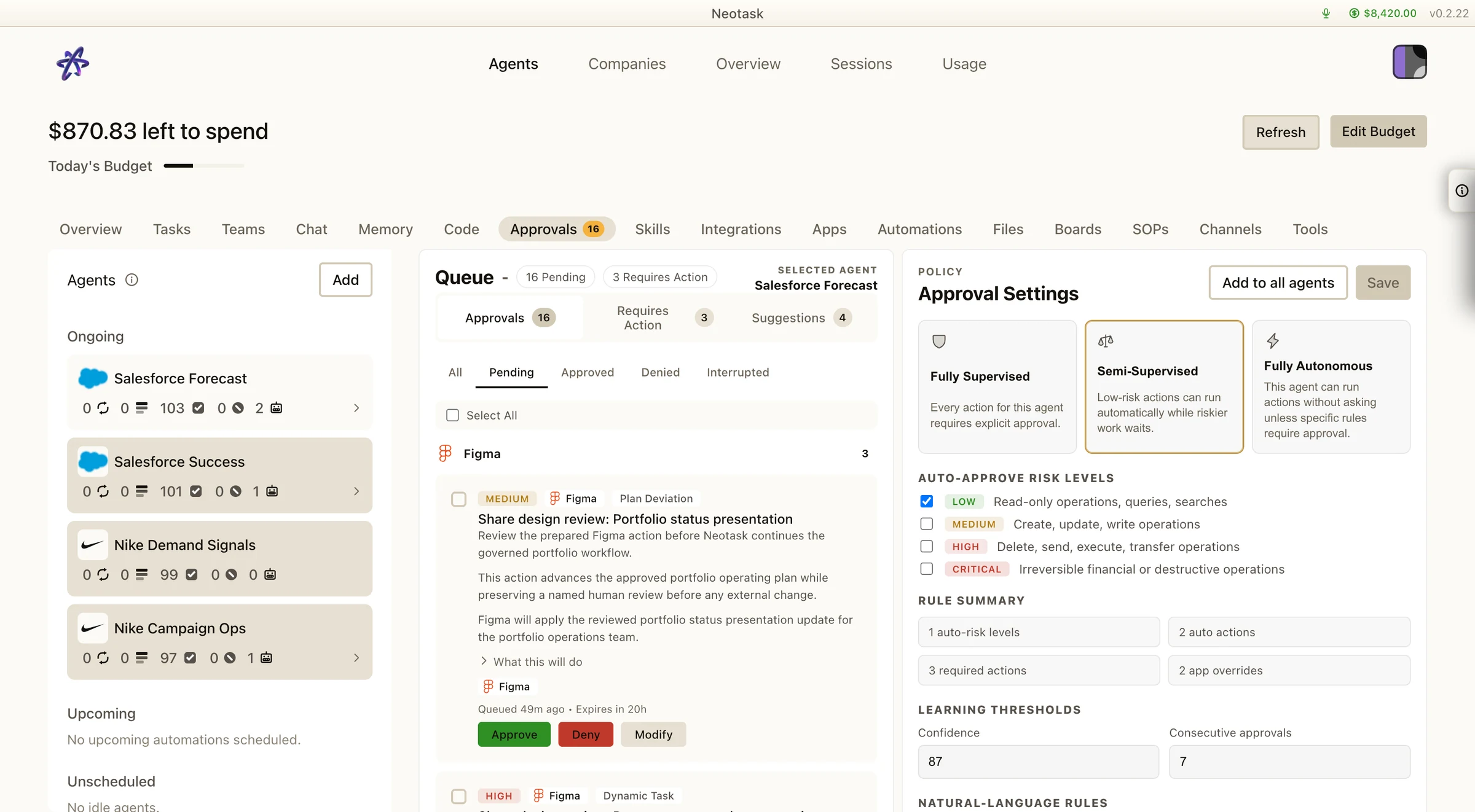 Neotask approval queue and policy controls