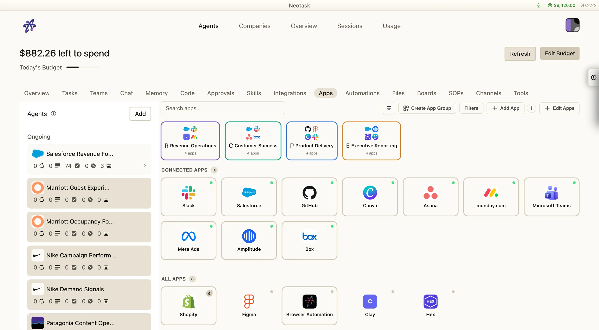 Neotask app groups and connected tool catalog
