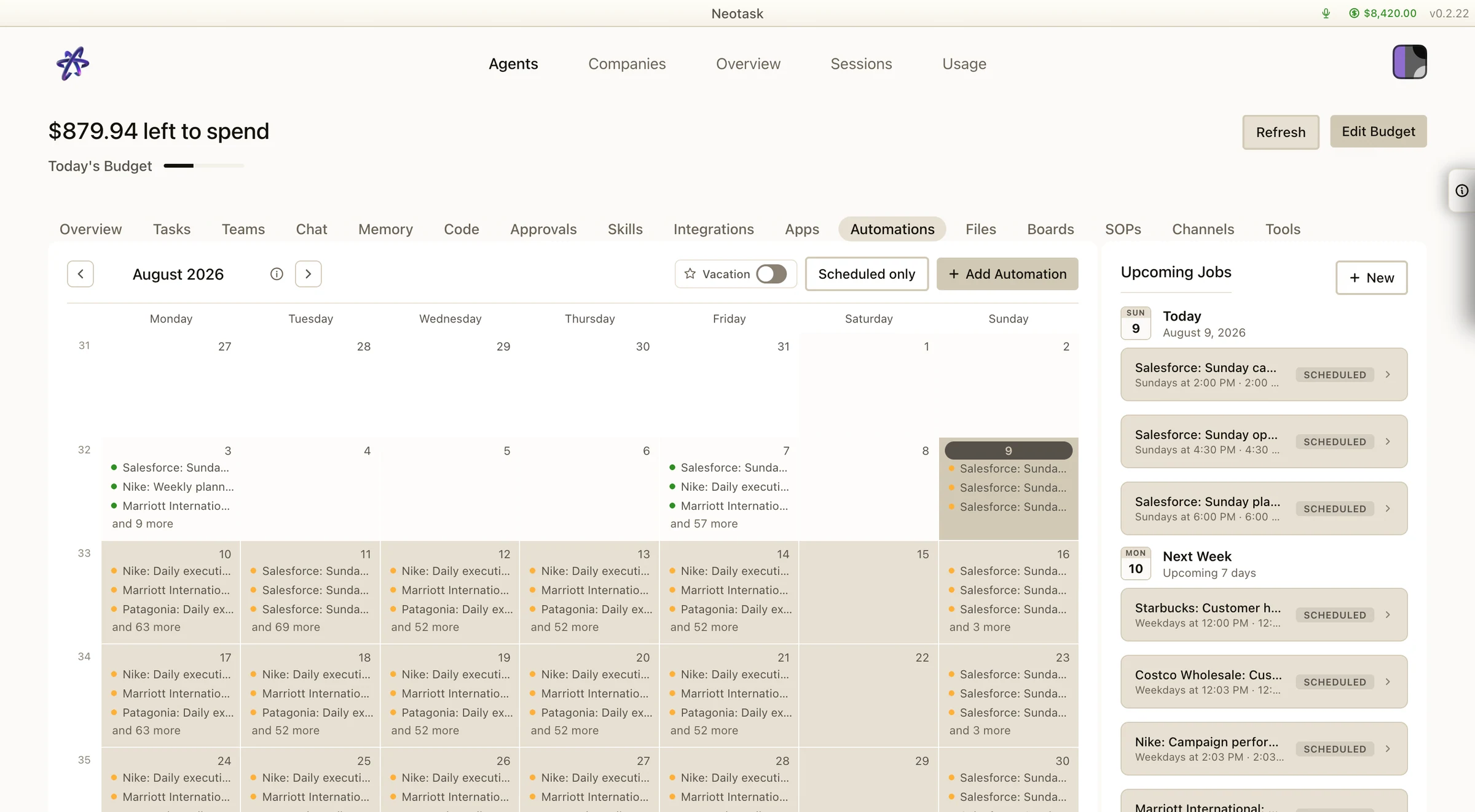 Neotask automation calendar with scheduled agent work