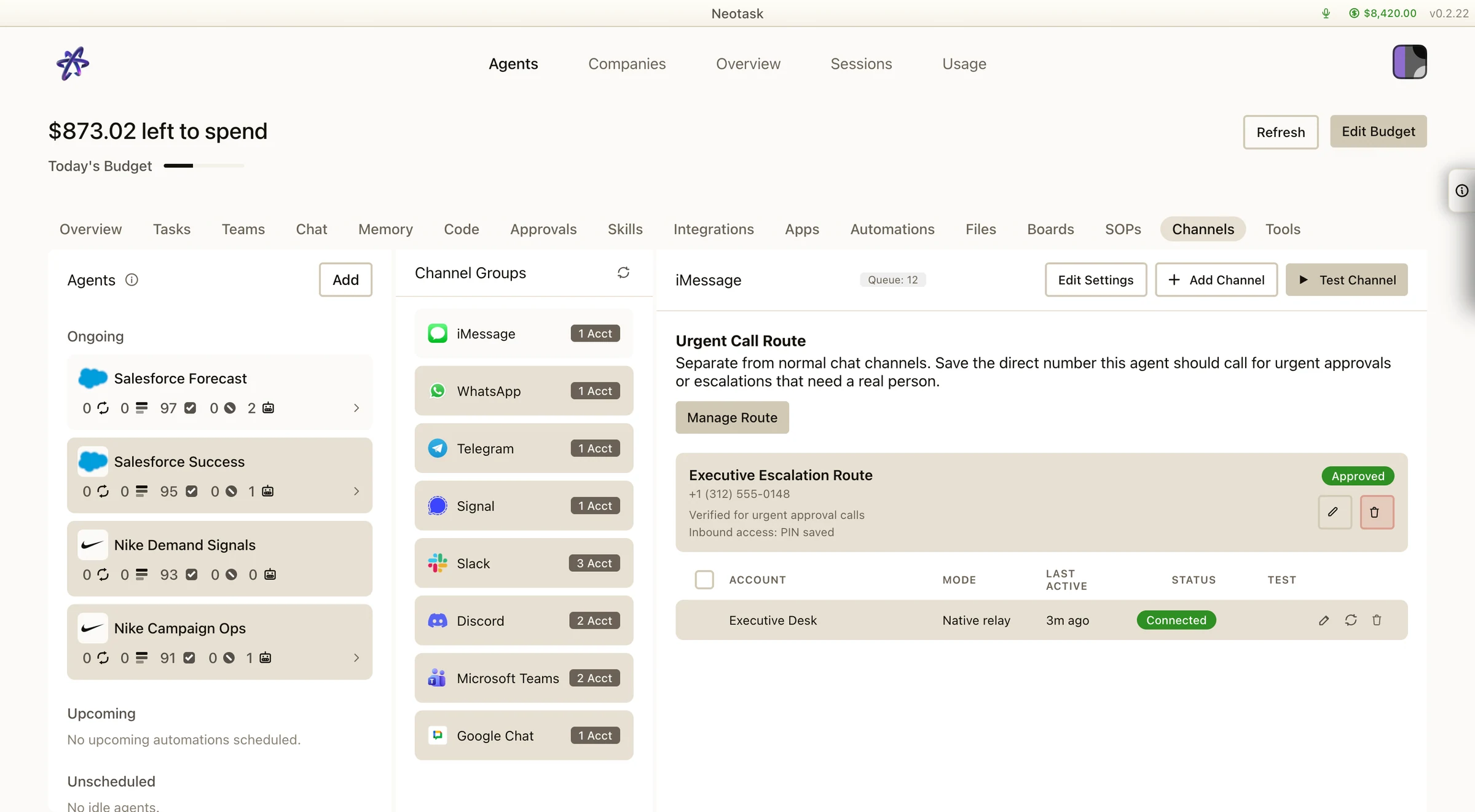 Neotask channels page with messaging services and urgent call routing