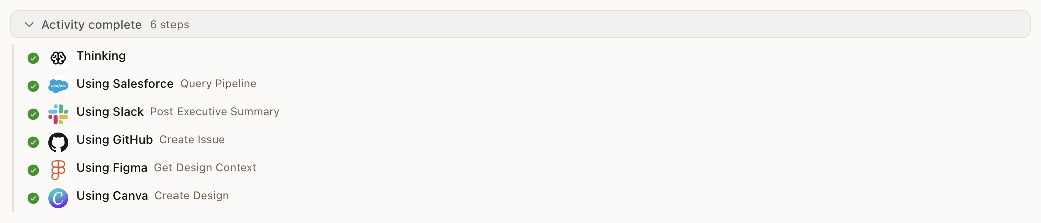 Completed app actions in a Neotask chat session