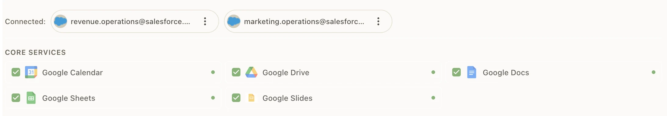 Connected Google account and available services