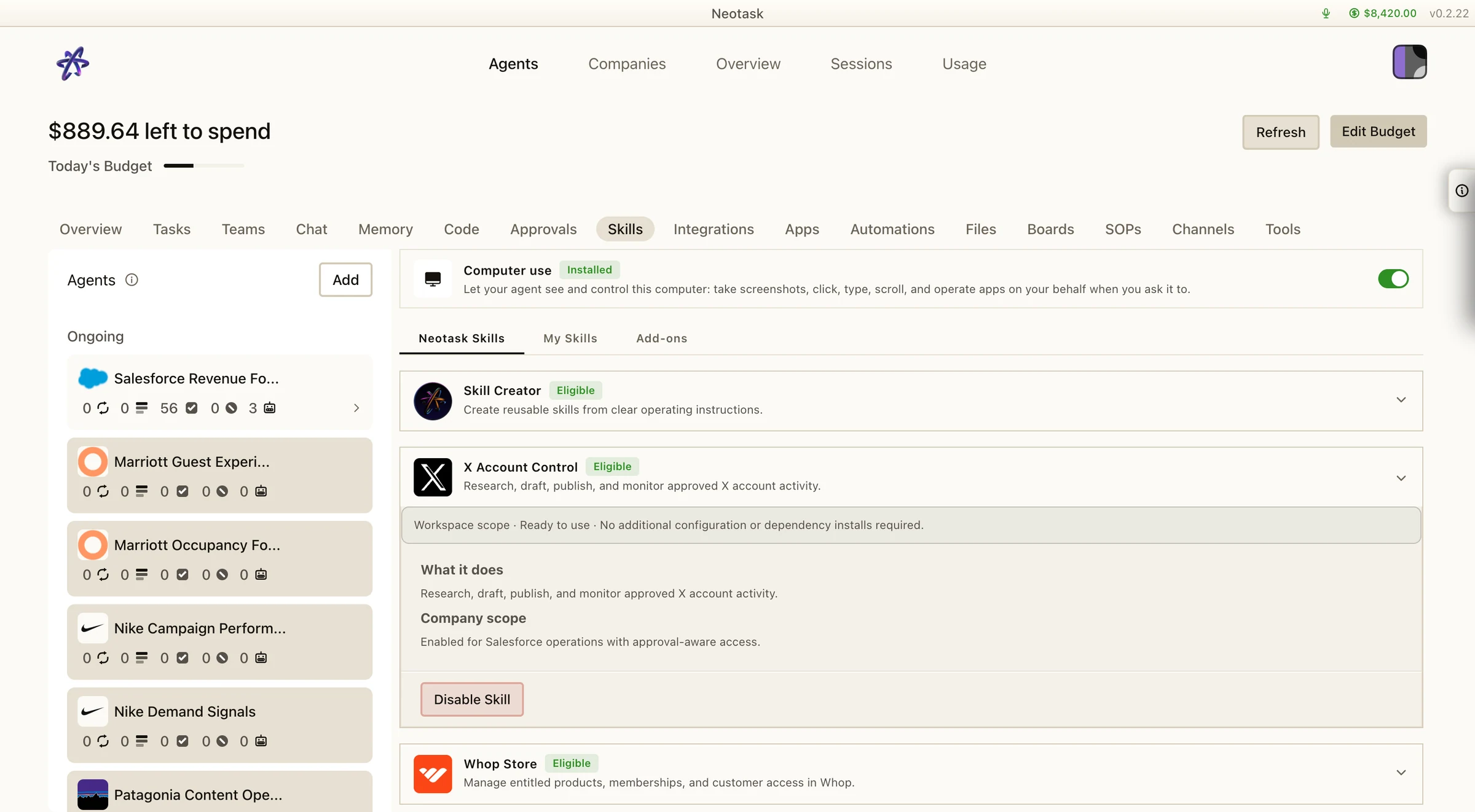 Neotask skill catalog with computer use and installed skills