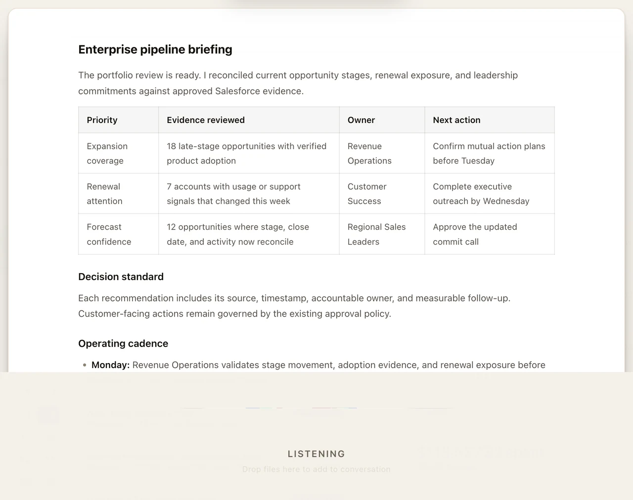 Voice briefing with governed next actions