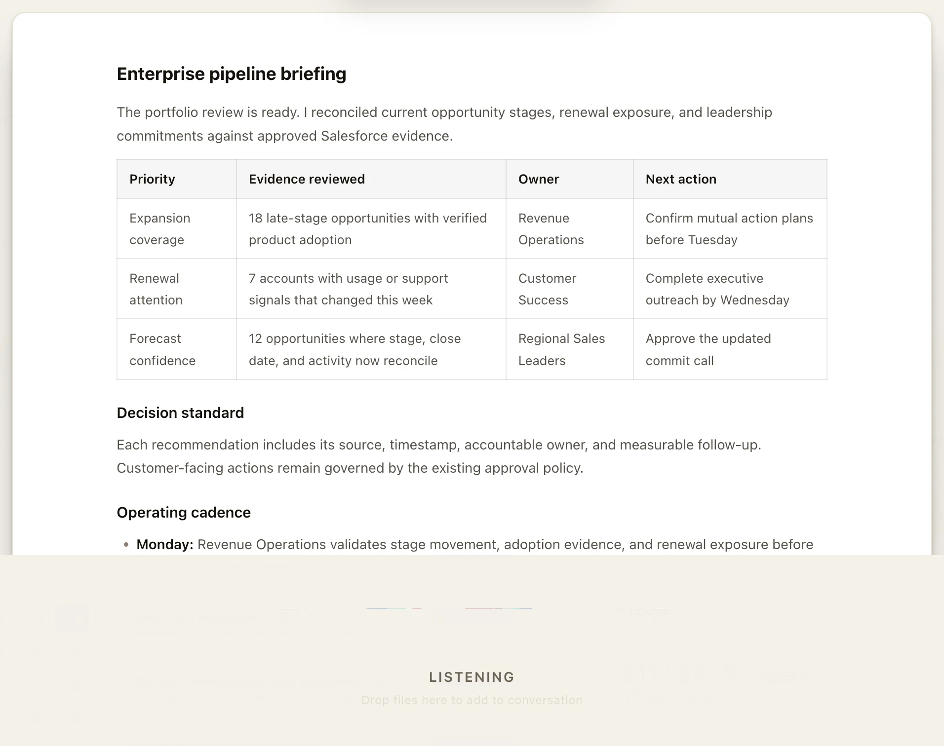 Neotask voice briefing with evidence and next actions