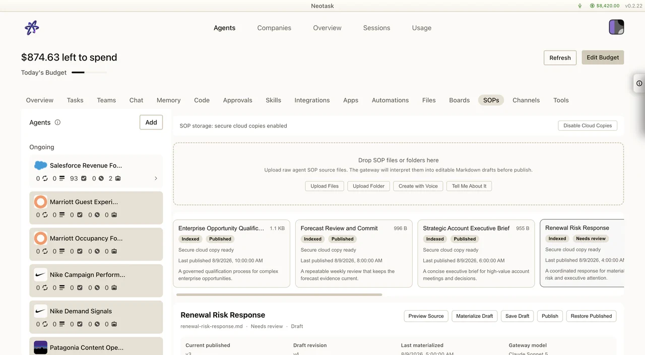 SOP procedure library showing published and reviewable procedures