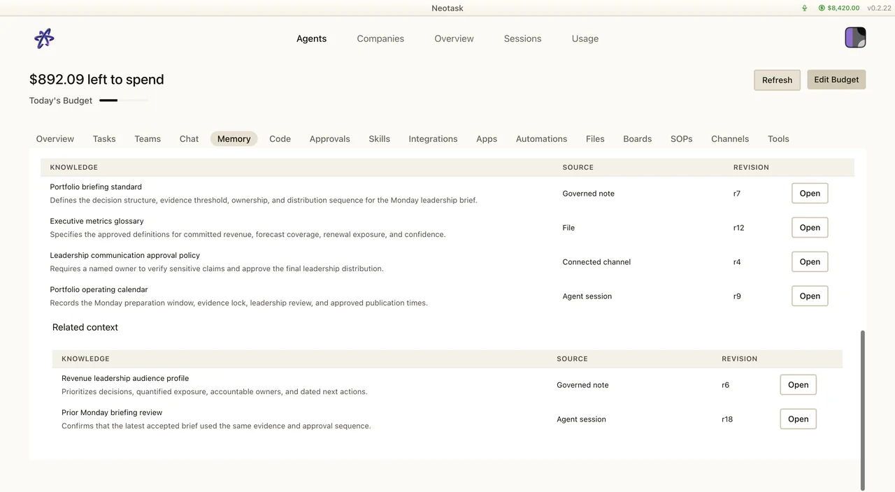 Memory search results table with governed evidence