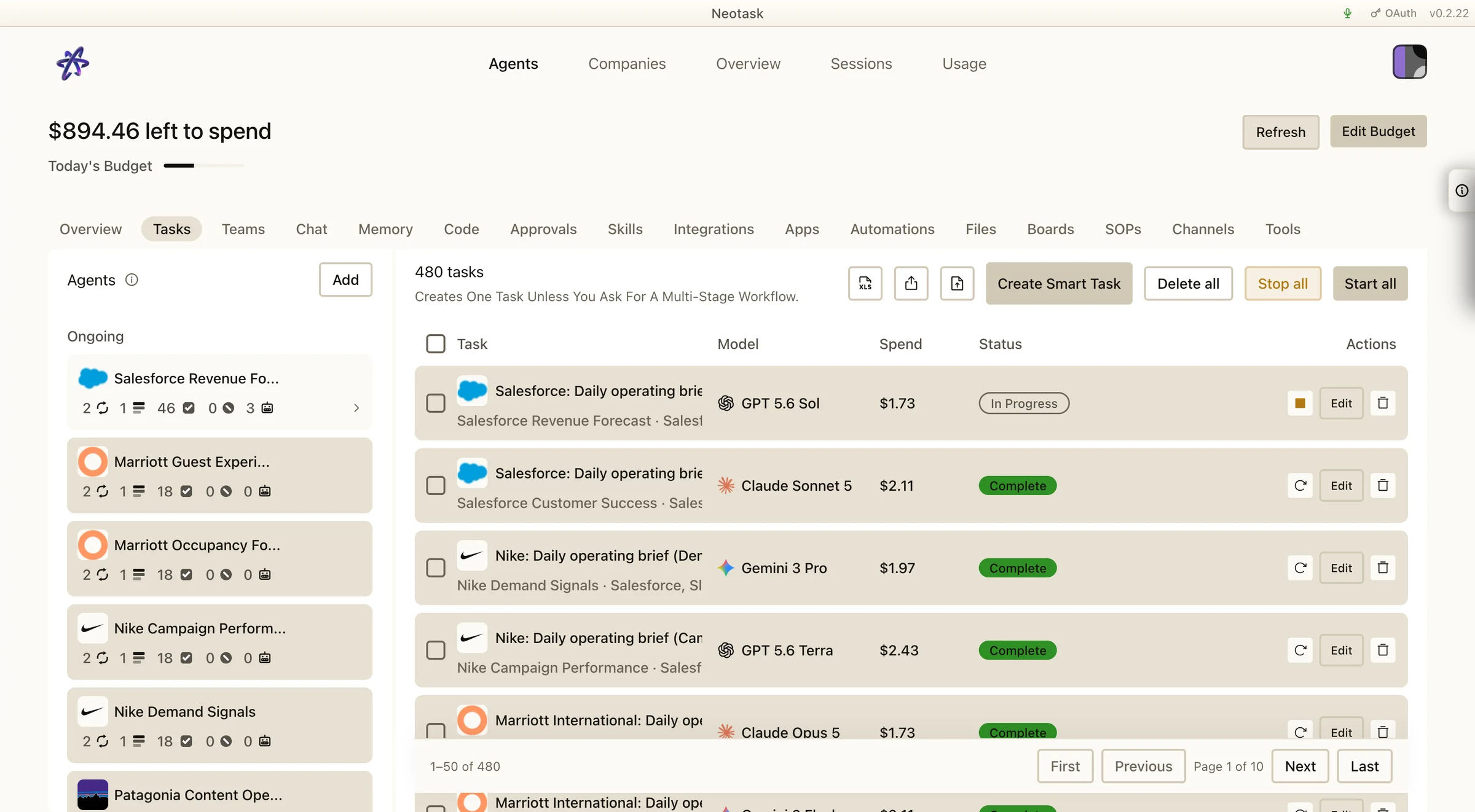 Full Neotask Tasks workspace with the task table models spend status and actions