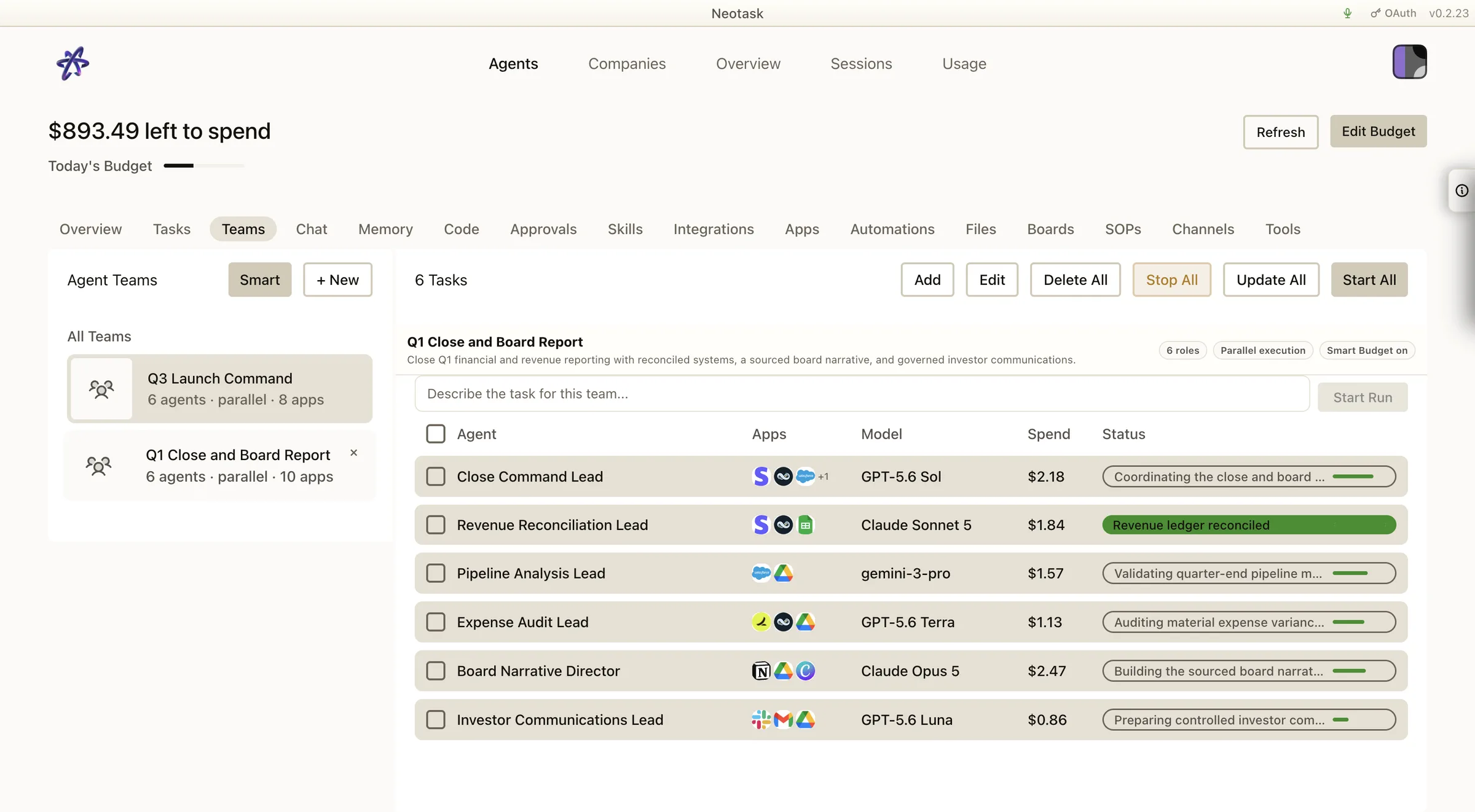 Q1 Close and Board Report team roster with six finance and reporting agents, connected apps, spend, and live status