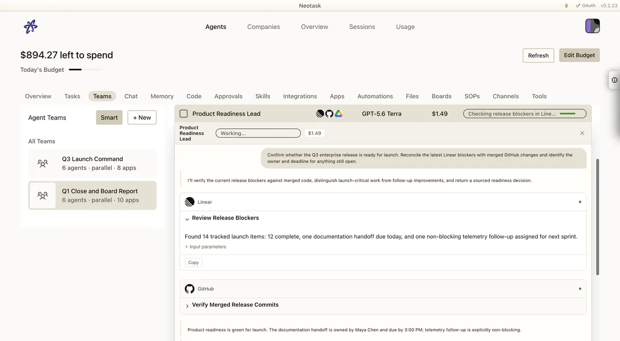 Active agent team run showing agents working together