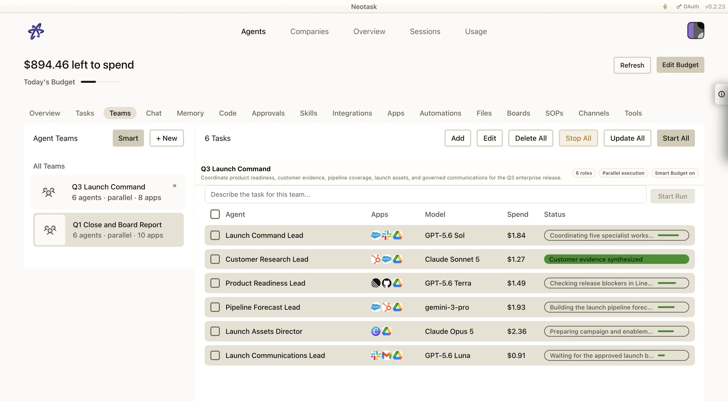Q3 Launch Command team with six agents connected apps models spend and live work