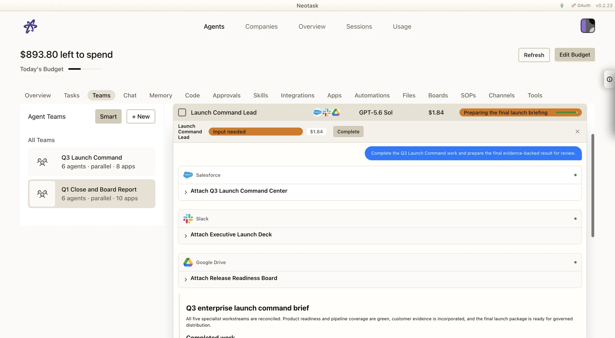 Completed Q3 launch command with retained app evidence and the finished launch brief