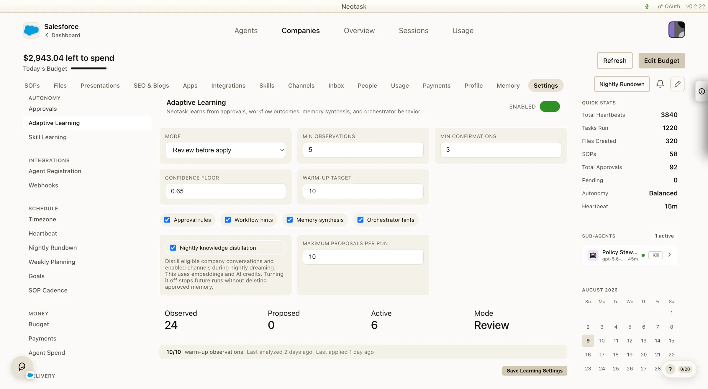 Adaptive learning settings with review-before-apply mode, observation requirements, confirmation requirements, and a confidence floor