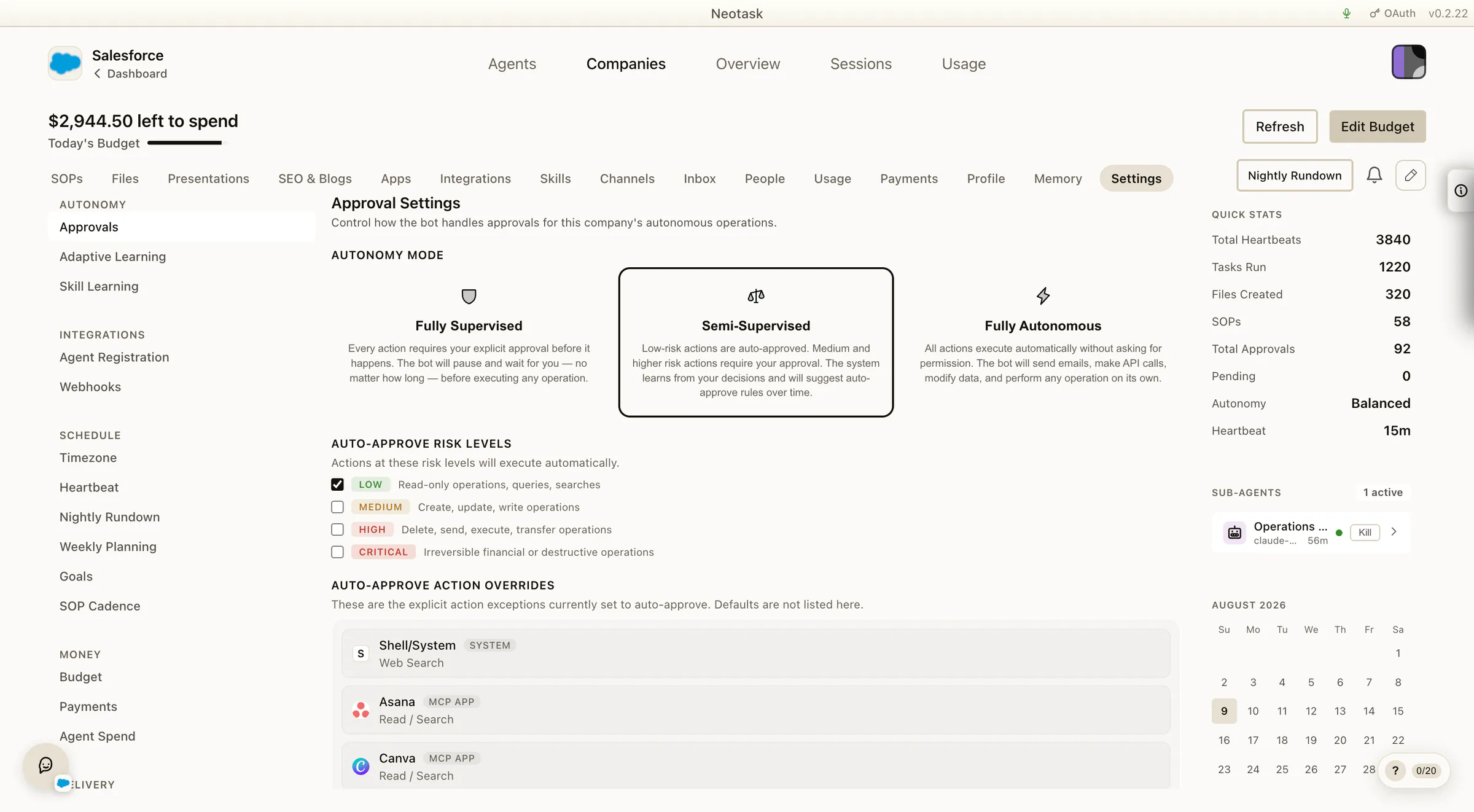 Company approval settings with supervised, semi-supervised, and autonomous defaults plus risk-level overrides