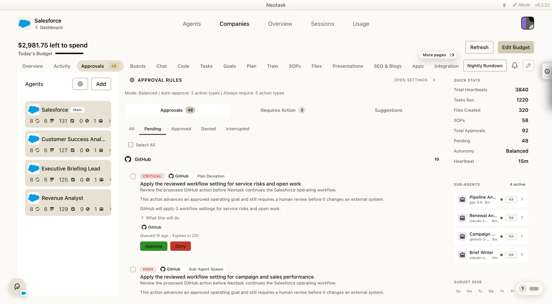 Company approval queue showing pending actions and their owners