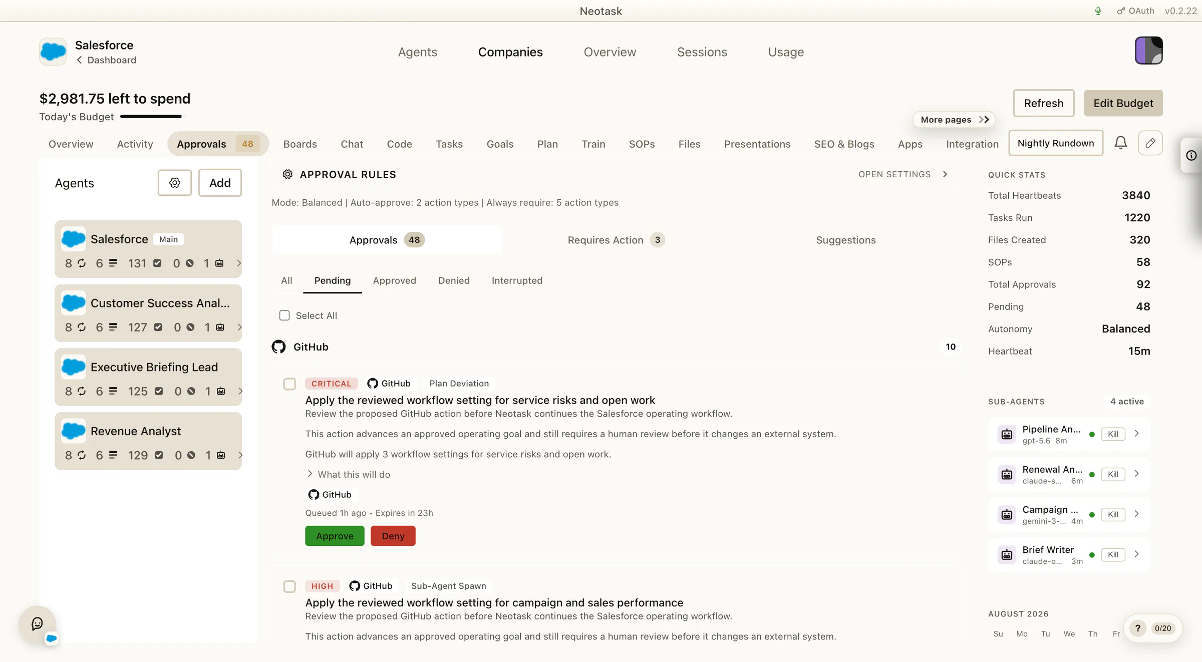 Pending approval queue showing critical and high-risk work that requires action