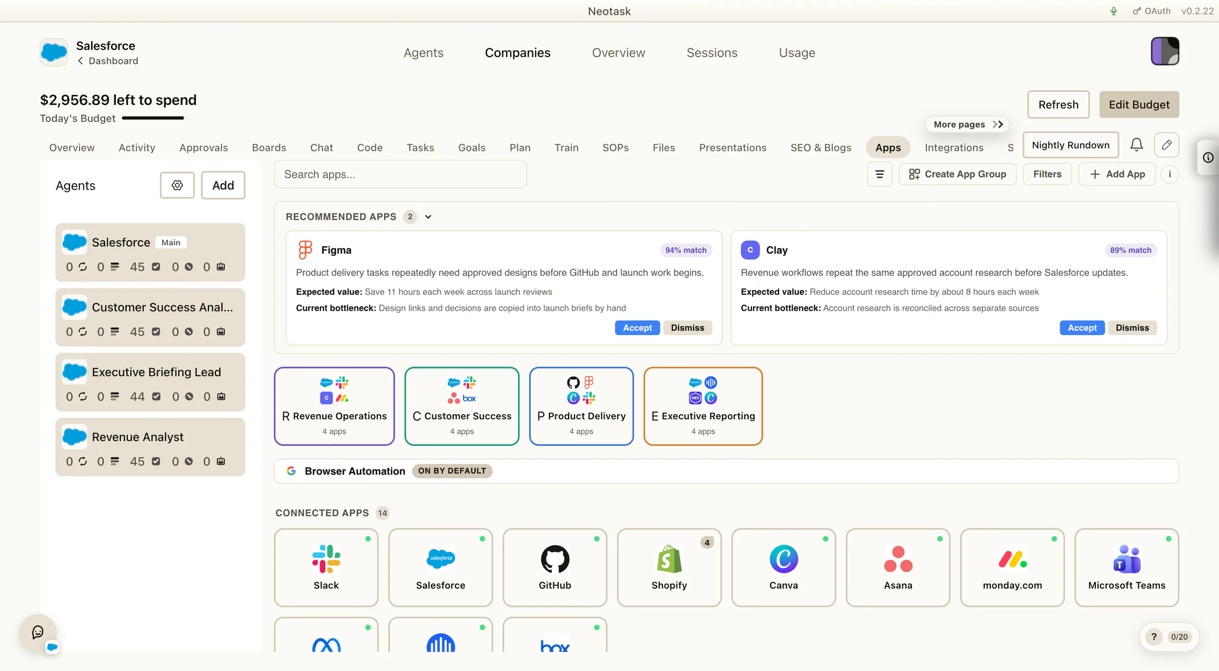 Company app catalog with functional app groups, connected apps, and contextual recommendations