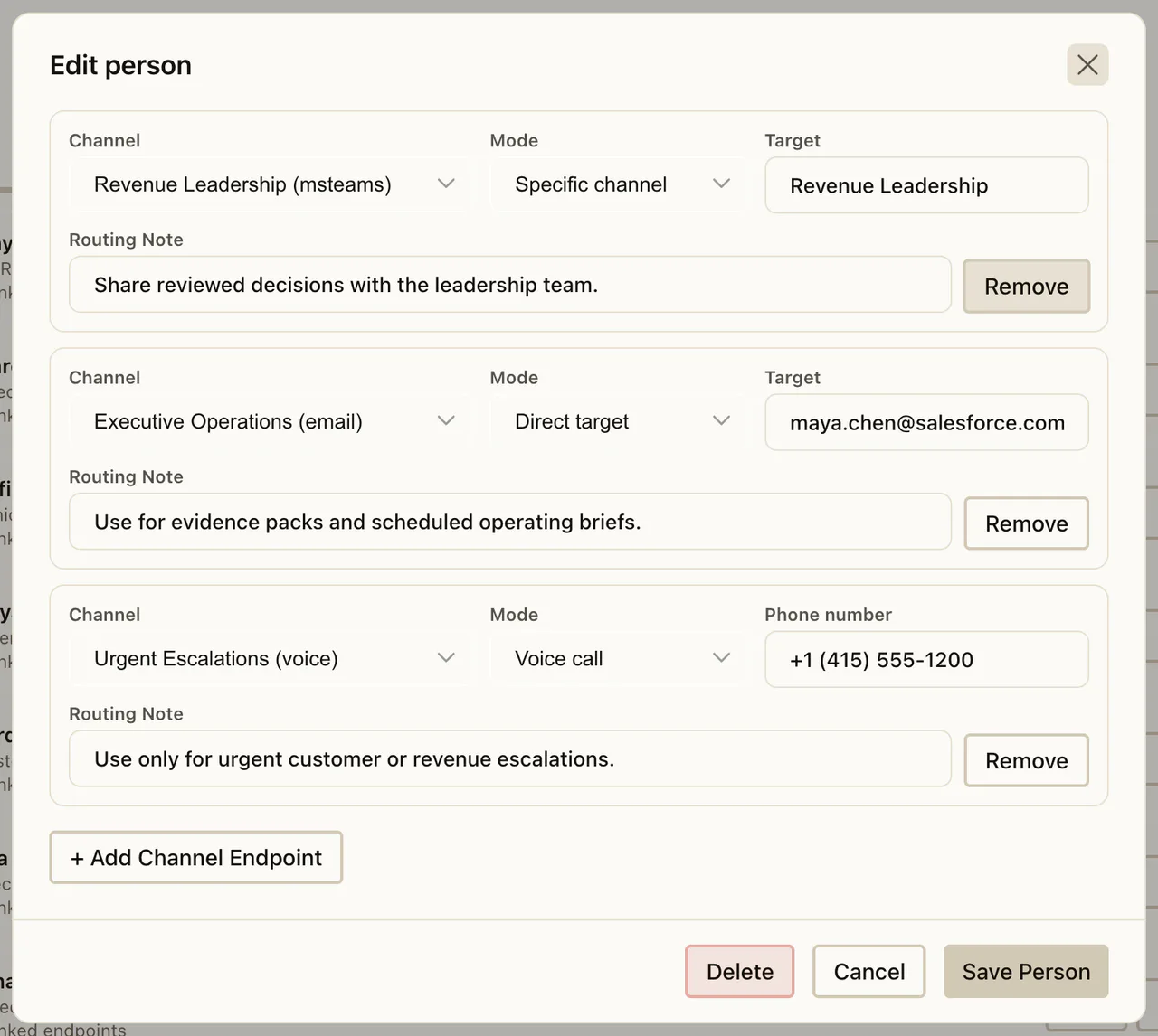 Routing endpoints for Microsoft Teams, email, and an urgent voice-call escalation