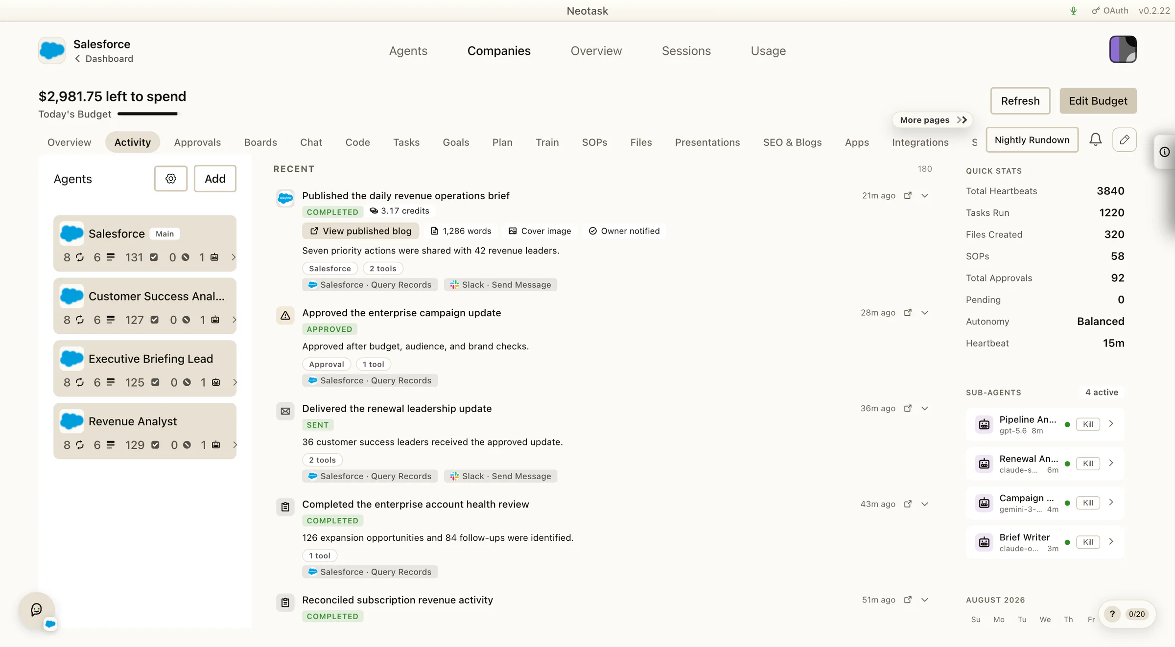 Salesforce company Activity showing published briefs, approved campaigns, delivered updates, account reviews, connected apps, and responsible agents