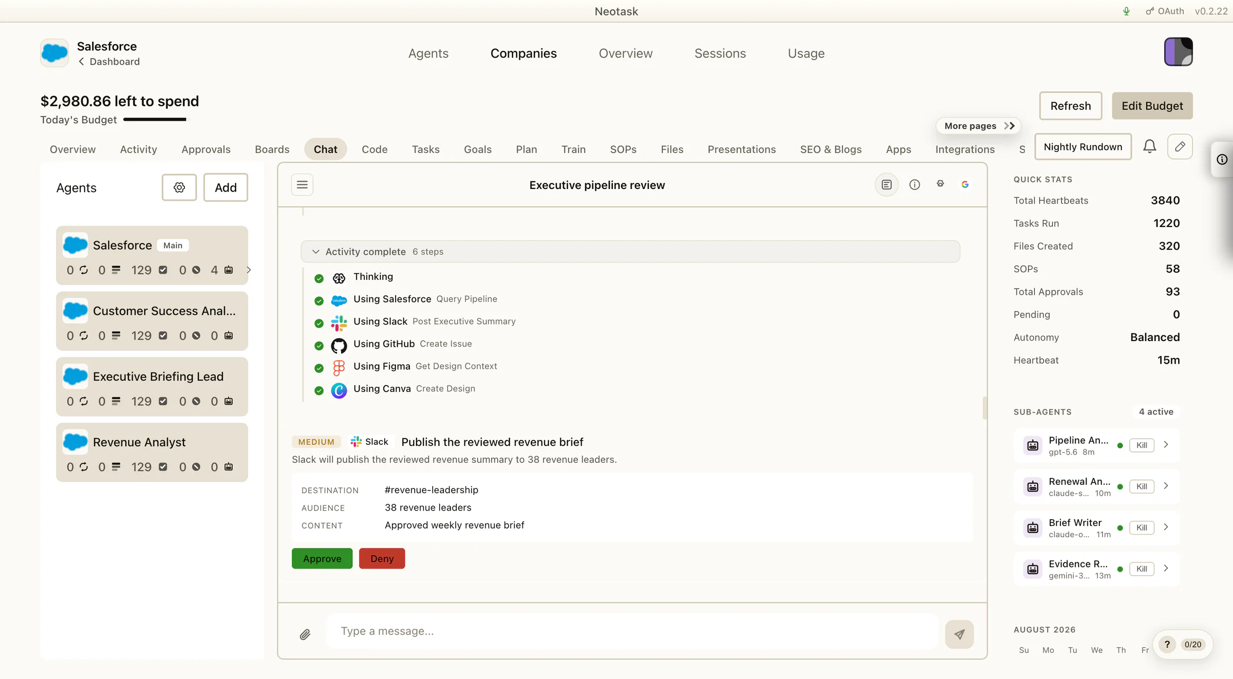 Neotask company chat showing completed work across five connected apps and a Slack publication held for approval inside the conversation