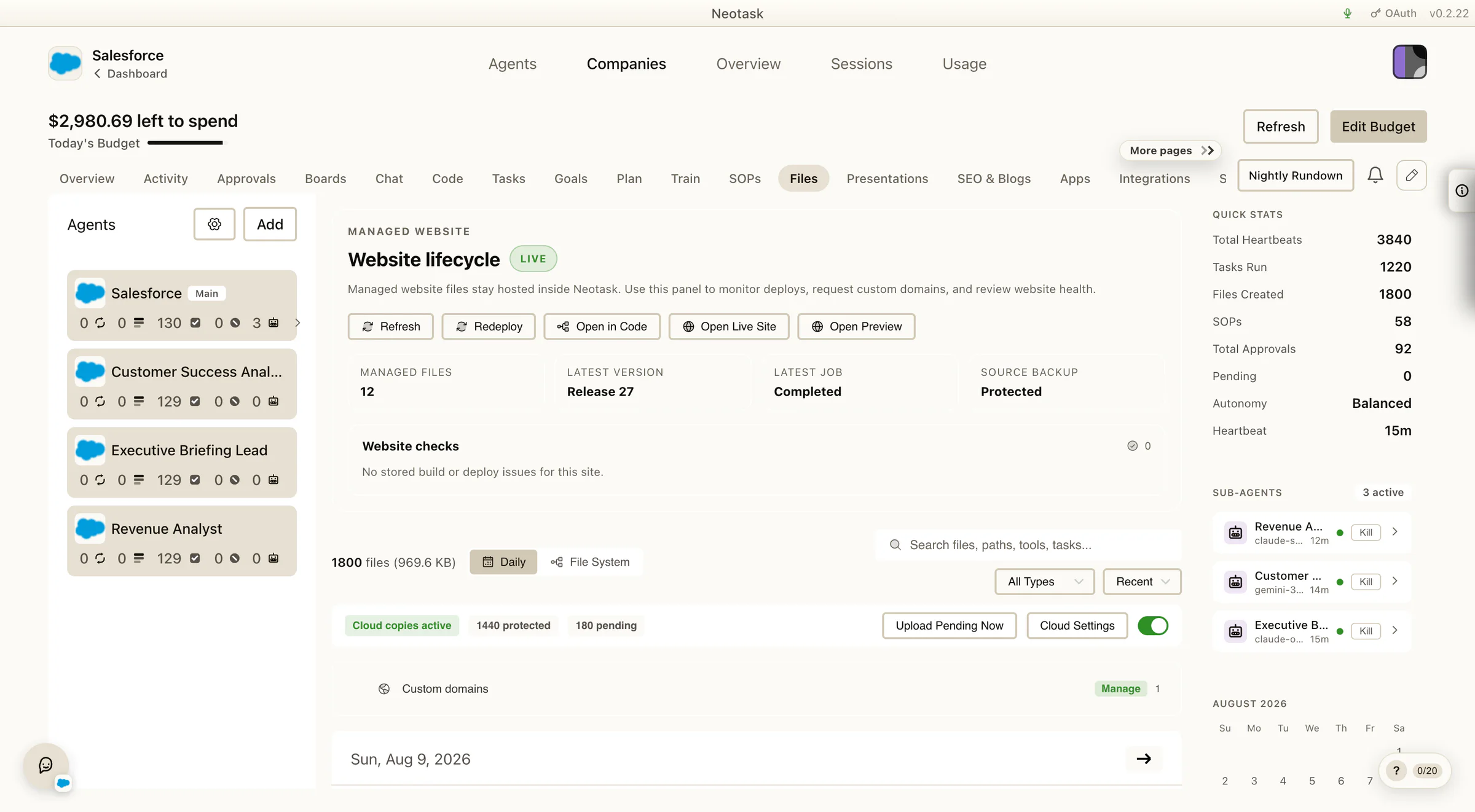 Salesforce Files showing a managed website, release status, cloud backups, custom domains, and a daily company file library