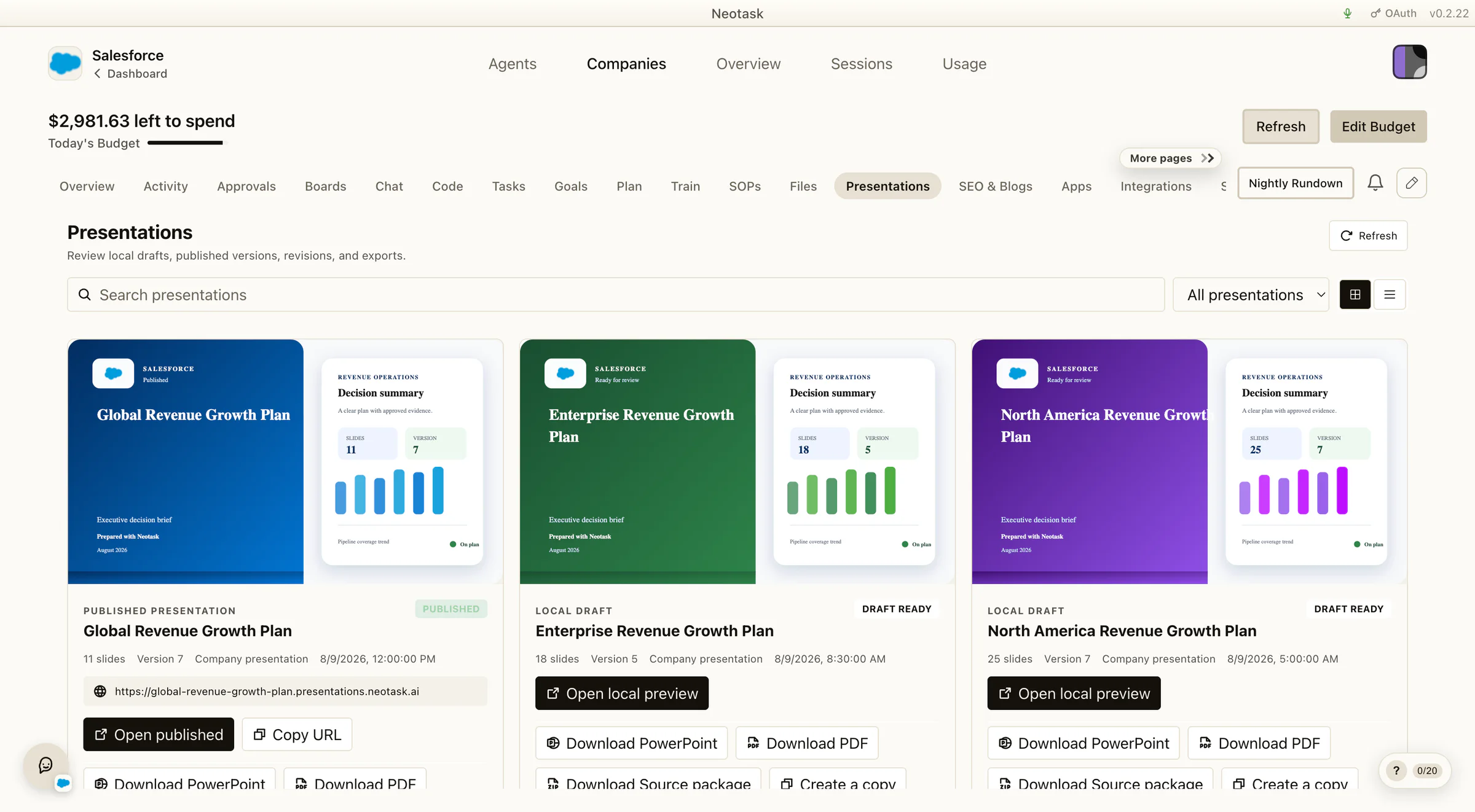 Salesforce presentation gallery with published and draft revenue decks, version counts, live links, PowerPoint exports, and PDF exports