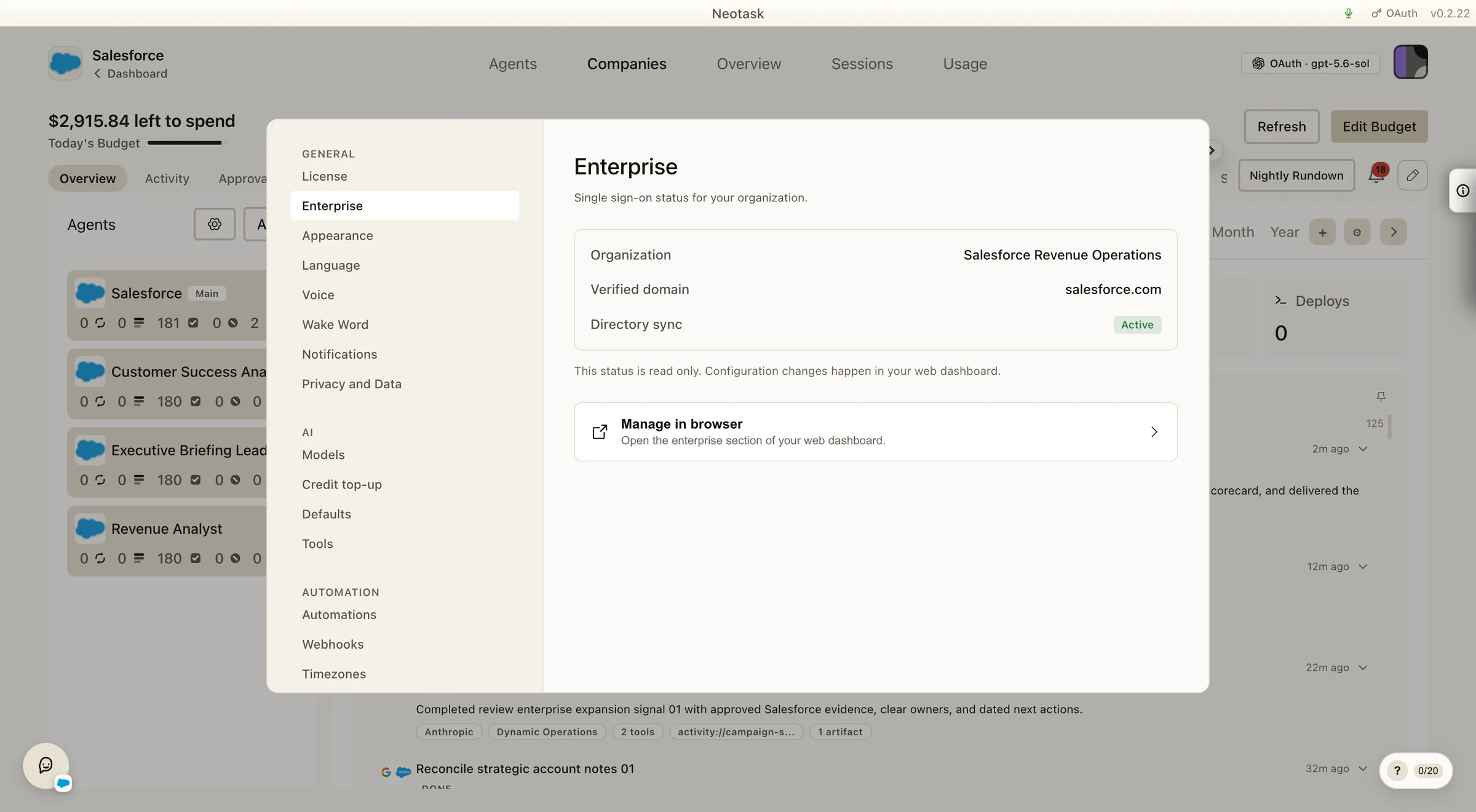 Enterprise SSO settings showing a configured organization, verified domain, and active directory sync