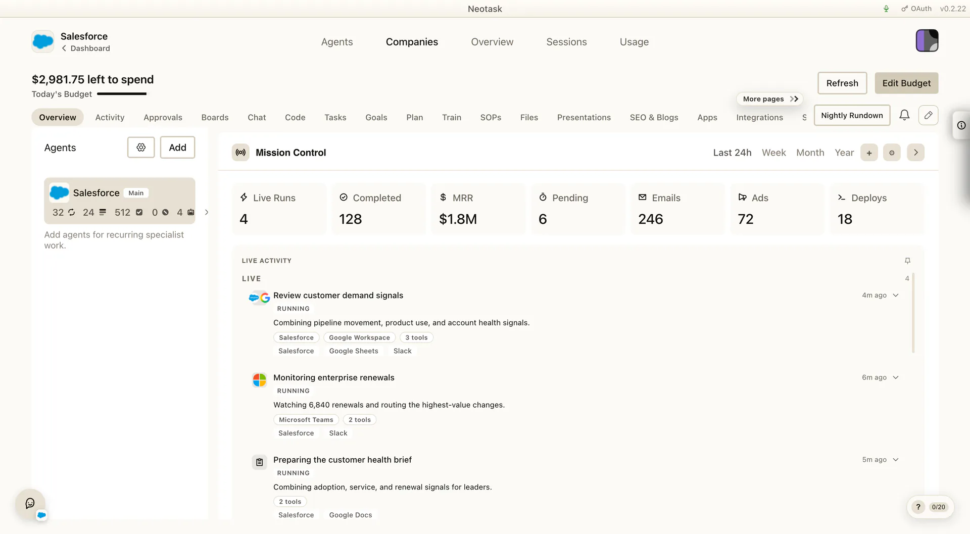Company Mission Control showing live runs and company-wide operating metrics