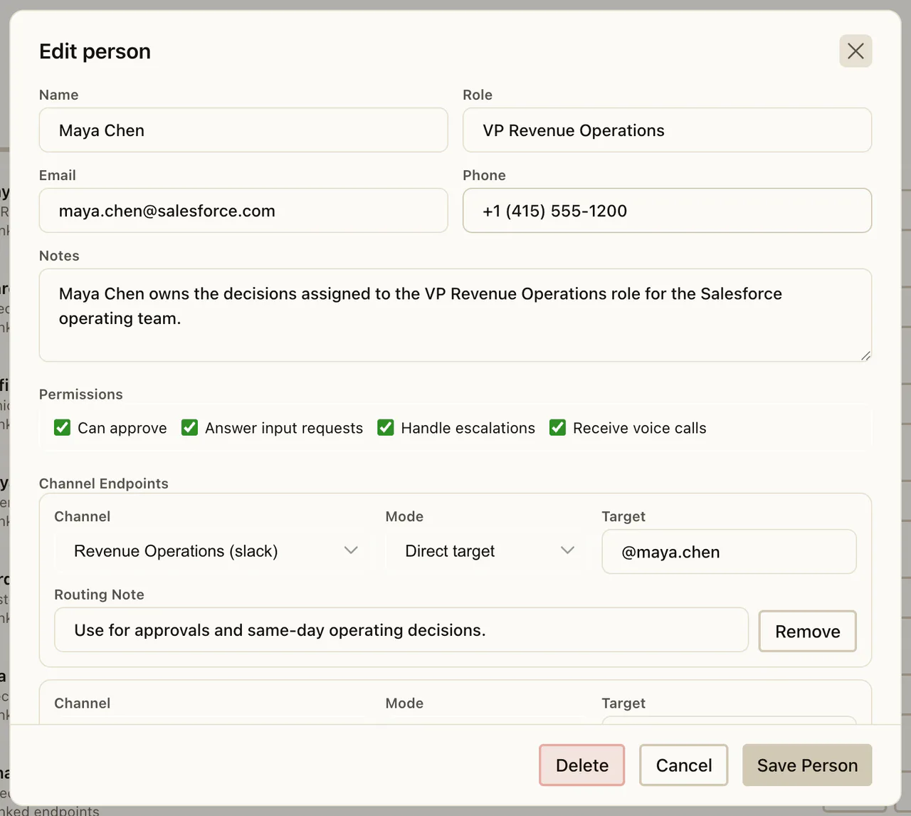 Person settings granting approval, input, escalation, and voice-call permissions with a direct Slack route