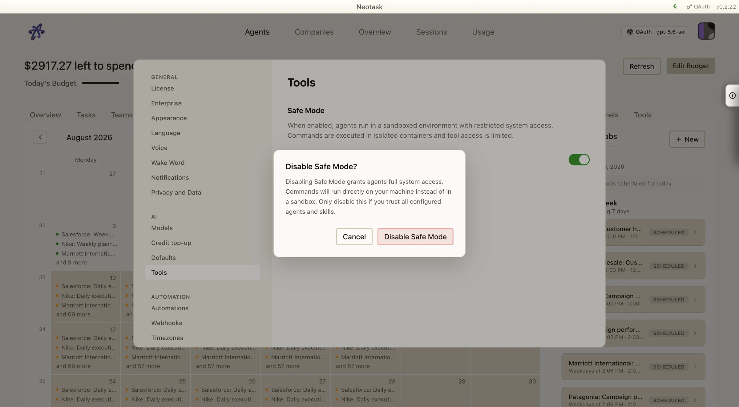 Safe Mode confirmation explaining the impact of allowing full system access before it can be disabled