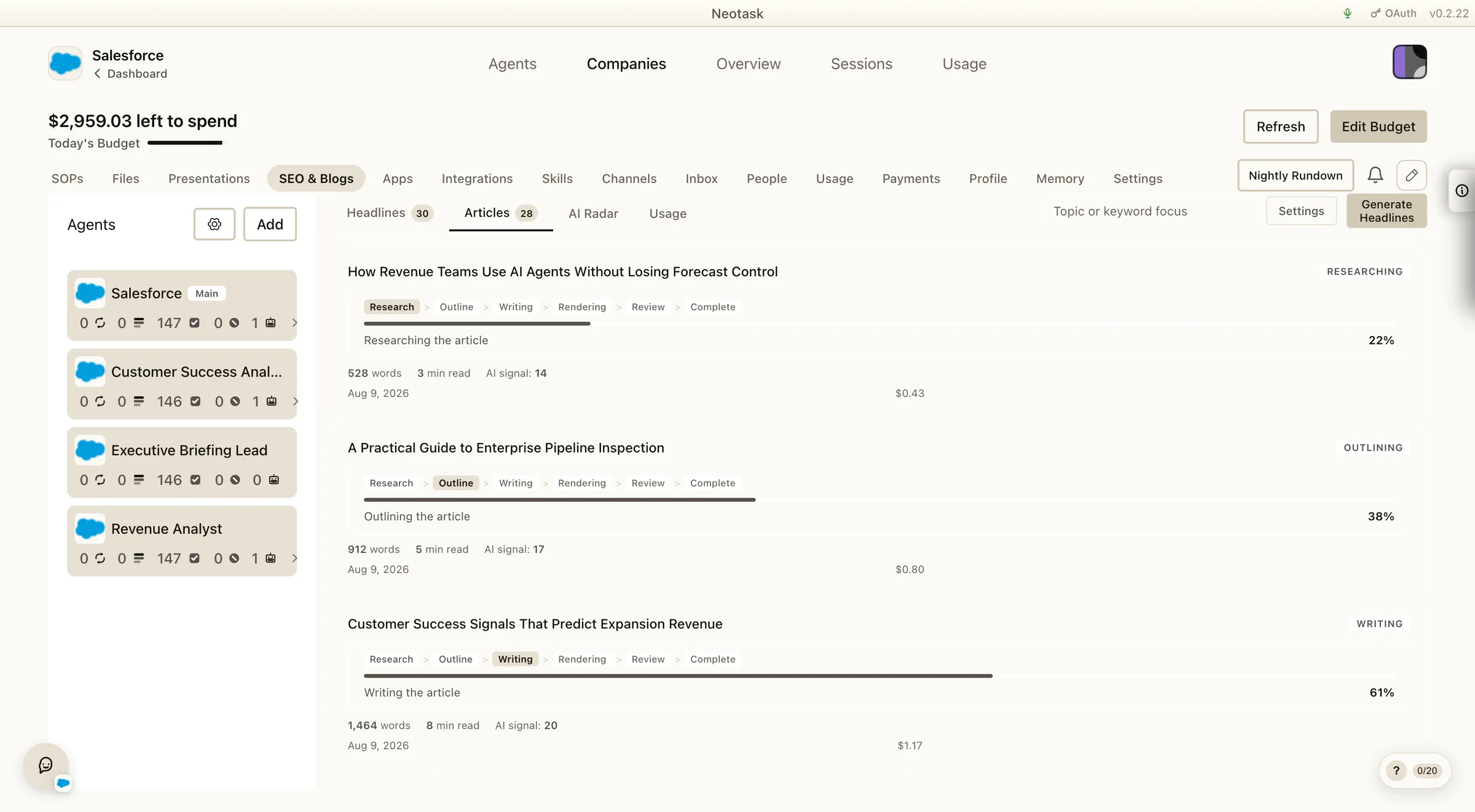 Salesforce SEO and Blogs article pipeline with research, outline, writing, rendering, review, and completion stages