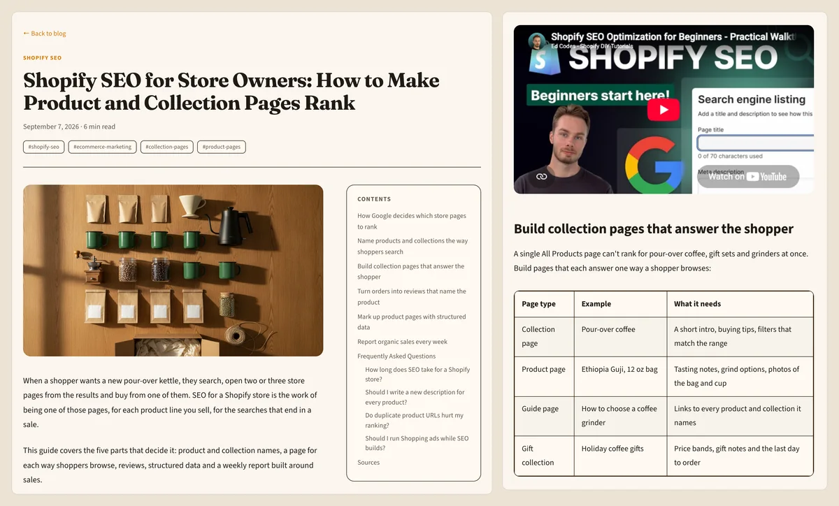 Northstream Growth's first blog post on its website: the headline, a cover photo of a coffee store's products laid out in a grid, the contents list, and a YouTube video above a table of store page types.