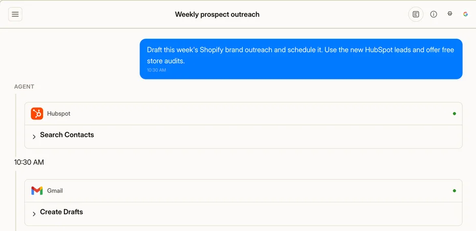 Company chat: a request for weekly prospect outreach followed by HubSpot, Gmail and Calendly steps.