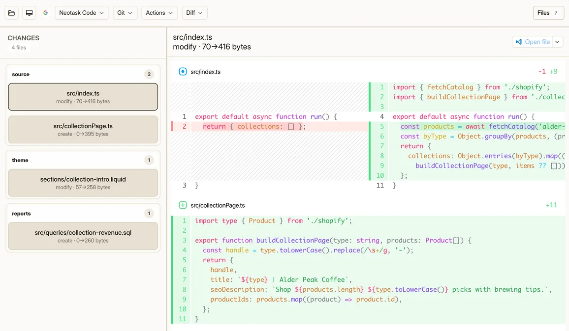 Neotask coding mode showing the diff for a client's Shopify store: TypeScript that reads its product catalog and builds an SEO collection page for each product type.