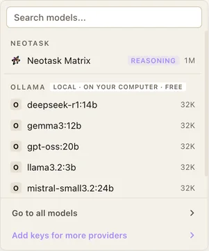 The Neotask model picker listing local Ollama models such as deepseek-r1, gemma3 and llama3.2.